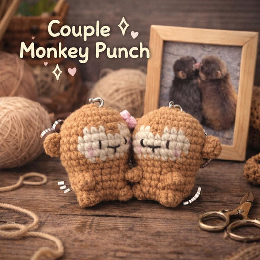 Couple Crochet Monkey Keychain Set, Viral Punch Monkey Wooden Keychain, Cute Baby Monkey with Plush Toy Gift,Emotional Gift for Animal Lover