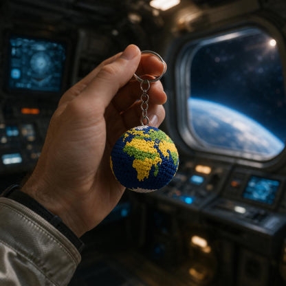 Earth Crochet Keychain Handmade Space Survival Gift, Planet Keyring Sci Fi Inspired Astronaut Style, Cute Handmade Crochet Earth Charm