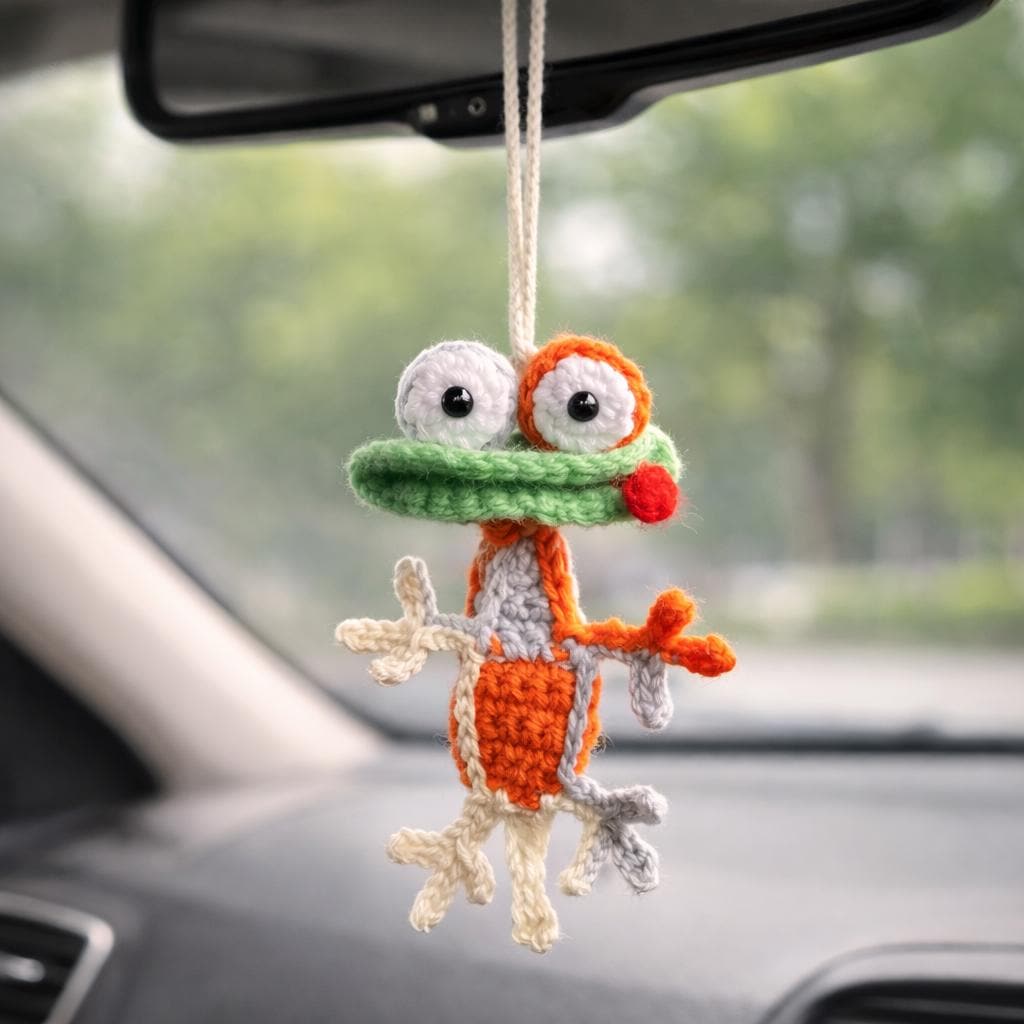 Custom Handmade Crochet Frog Car Charm, Funny Rearview Mirror Hanger, Small Crochet Gifts,Handmade Toy Animal Auto Decor, Gift for Car Lover