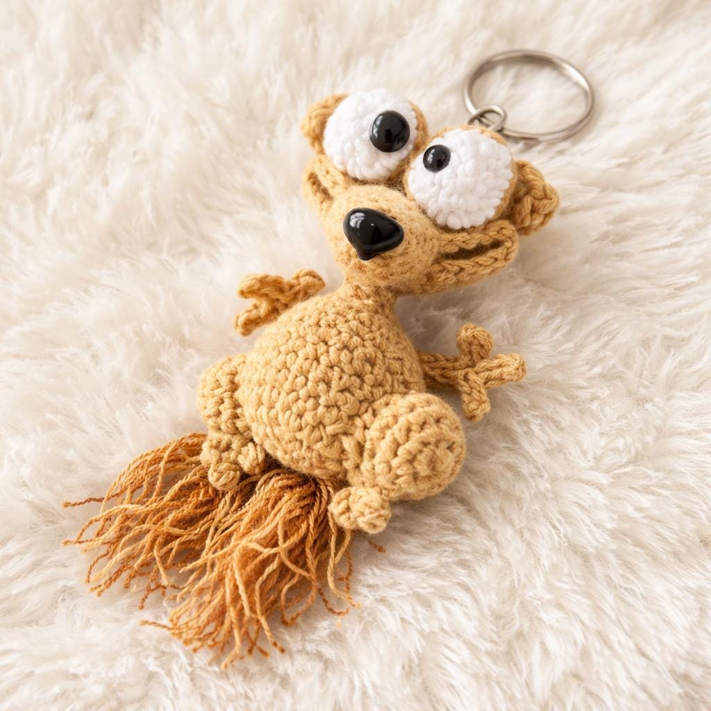 Funny Squirrel Crochet Keychain,Amigurumi Scrat Inspired Bag Charm,Cute Animal Keyring,Handmade Gift for Squirrel Lovers,Cartoon Plush Charm