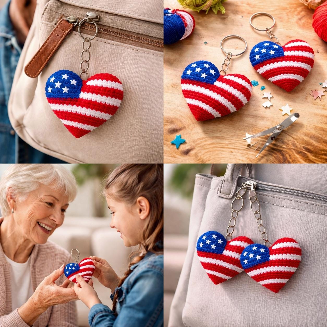 USA 250 Years Crochet Heart Keychain, Handmade Patriotic Amigurumi Gift, American Flag Keyring, 4th of July Gift, USA Lover