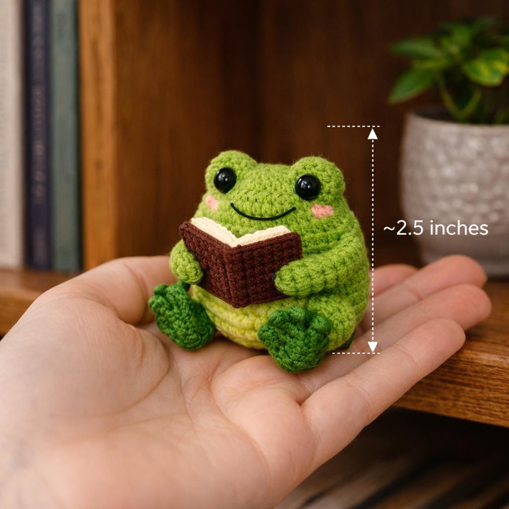 Crochet Frog Reading Book Plush, Handmade Amigurumi Frog Toy Cute Gift for Book Lover, Reading Decor, Kawaii Frog Doll, Desk Companion