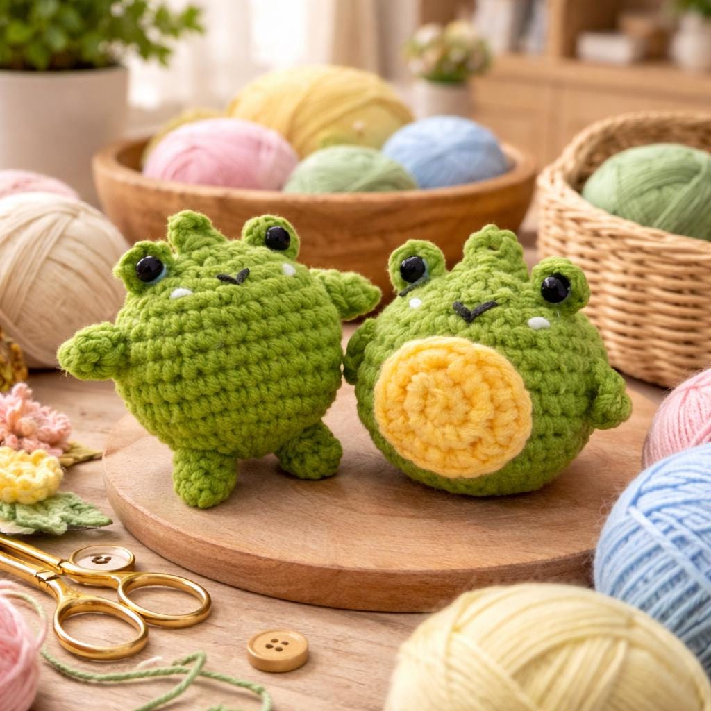 Crochet Frog Plush Keychain, Handmade Amigurumi Frog Pair Cute Desk Decor Gift for Kids Frog Lovers Funny Animal Toy Nursery Decor