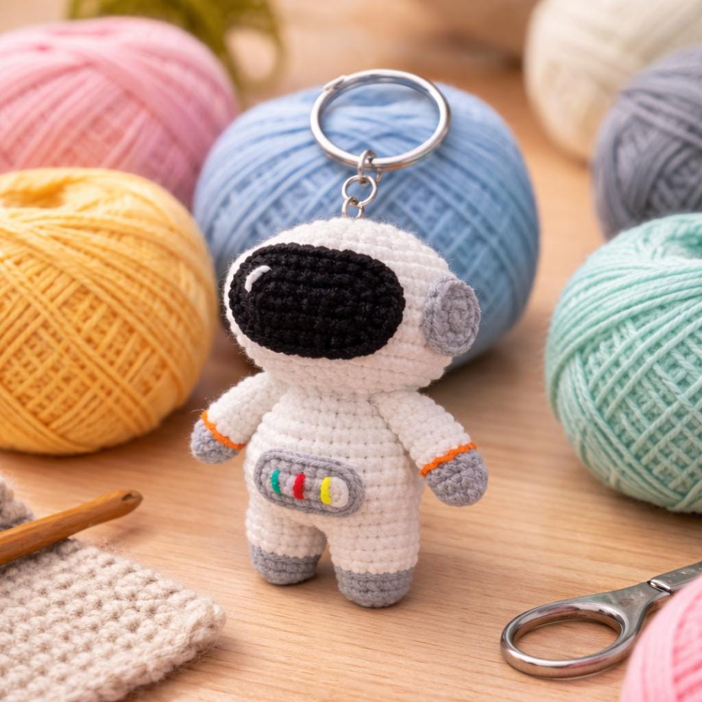 Astronaut Crochet Keychain Handmade Space Gift, Cute Space Explorer Keychain, Sci Fi Inspired Plush Keyring, Unique Handmade Keychain Gift