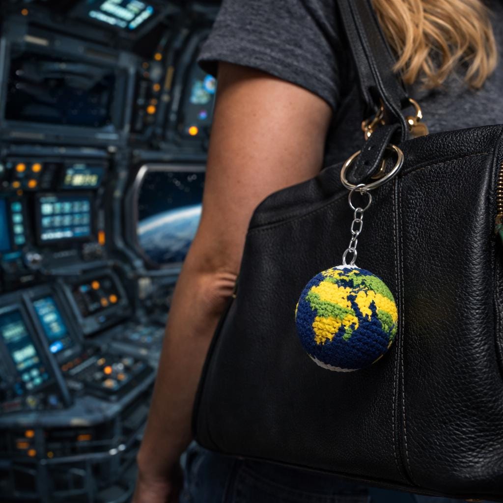 Earth Crochet Keychain Handmade Space Survival Gift, Planet Keyring Sci Fi Inspired Astronaut Style, Cute Handmade Crochet Earth Charm