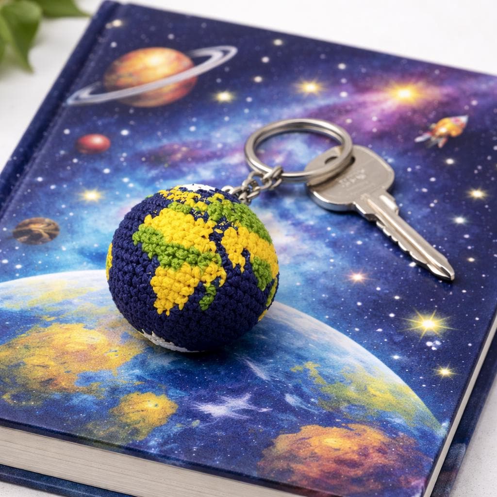 Earth Crochet Keychain Handmade Space Survival Gift, Planet Keyring Sci Fi Inspired Astronaut Style, Cute Handmade Crochet Earth Charm