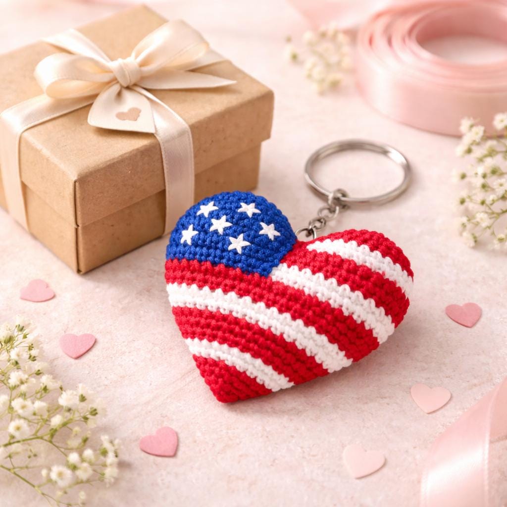 USA 250 Years Crochet Heart Keychain, Handmade Patriotic Amigurumi Gift, American Flag Keyring, 4th of July Gift, USA Lover