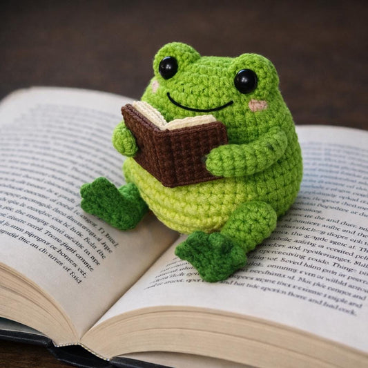 Crochet Frog Reading Book Plush, Handmade Amigurumi Frog Toy Cute Gift for Book Lover, Reading Decor, Kawaii Frog Doll, Desk Companion