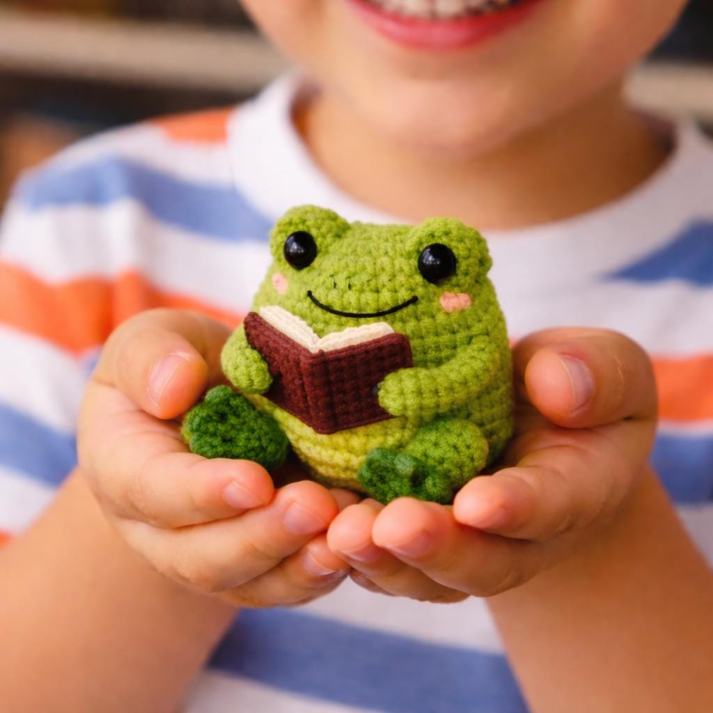 Crochet Frog Reading Book Plush, Handmade Amigurumi Frog Toy Cute Gift for Book Lover, Reading Decor, Kawaii Frog Doll, Desk Companion