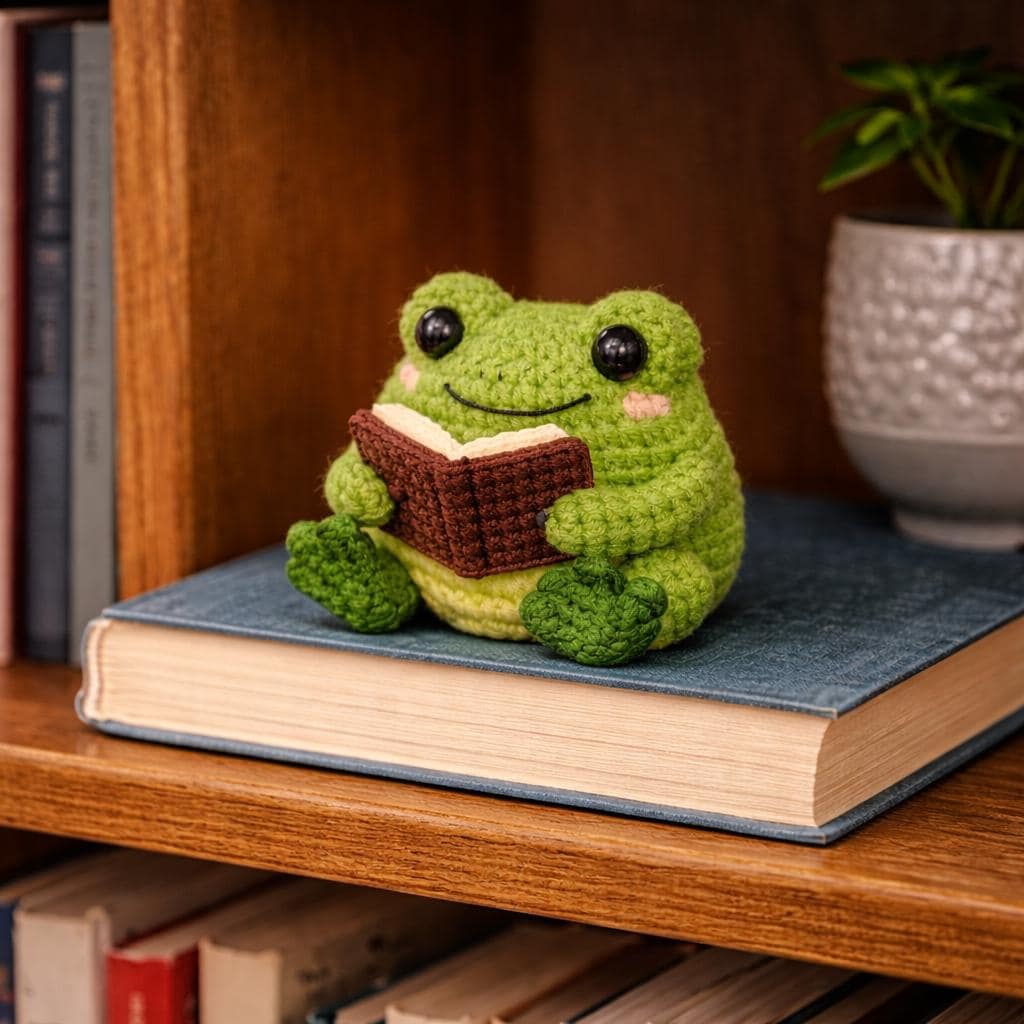 Crochet Frog Reading Book Plush, Handmade Amigurumi Frog Toy Cute Gift for Book Lover, Reading Decor, Kawaii Frog Doll, Desk Companion