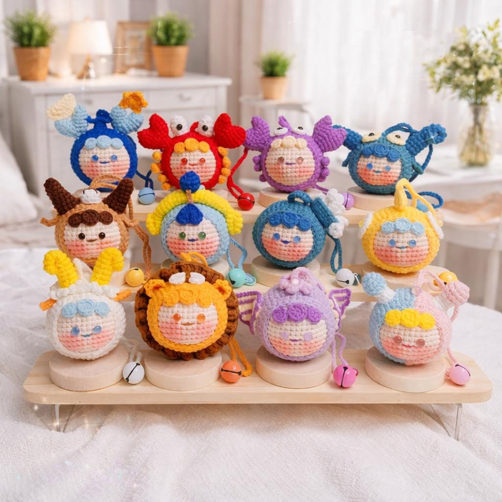 Zodiac Crochet Dolls Set, Handmade Amigurumi 12 Zodiac Signs Cute Gift Astrology Lover Birthday Gift Nursery Decor