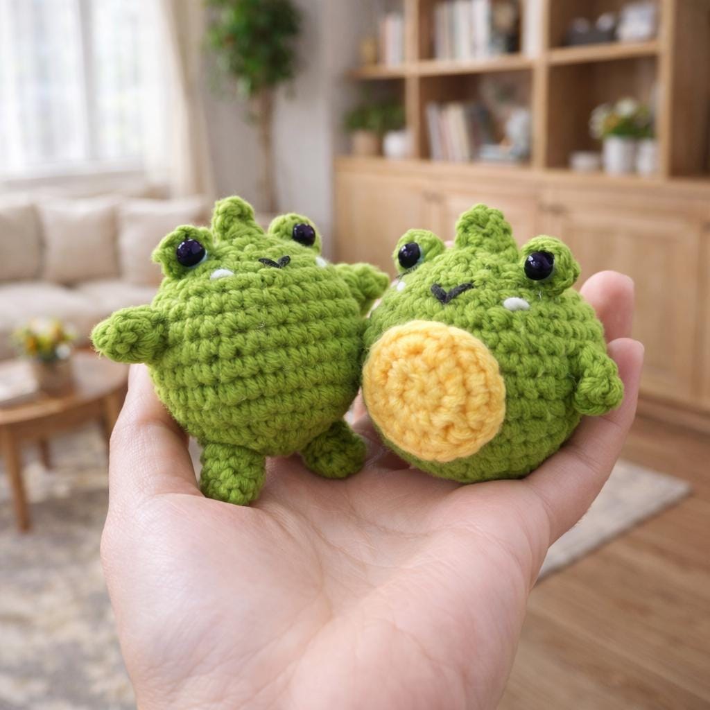 Crochet Frog Plush Keychain, Handmade Amigurumi Frog Pair Cute Desk Decor Gift for Kids Frog Lovers Funny Animal Toy Nursery Decor