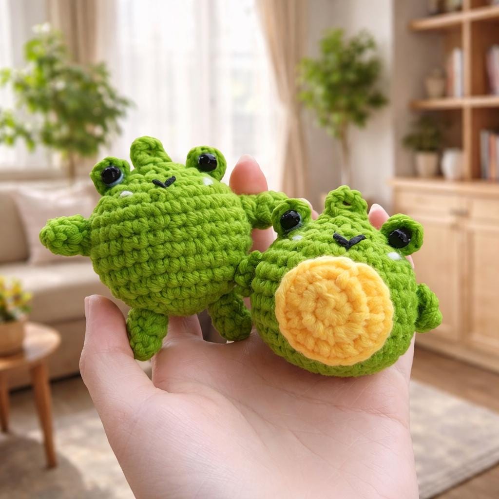 Crochet Frog Plush Keychain, Handmade Amigurumi Frog Pair Cute Desk Decor Gift for Kids Frog Lovers Funny Animal Toy Nursery Decor