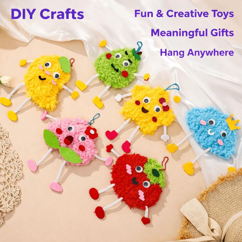 DIY Pom Pom Keychain Kit, Handmade Yarn Craft Set for Kids, Cute Fruit Crochet Toy, Creative Activity Gift, DIY Craft Kit for Children